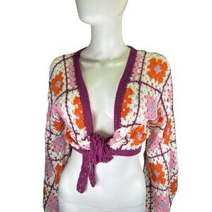 Francesca’s Loretta Crop Crochet Cardigan Boho Granny Square Size M, NWT